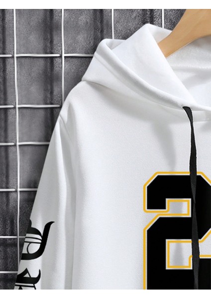 Erkek Beyaz Sweatshirt Sweatshirt Eşofman Takımı Kanguru Cepli Baskılı Numbers Letters fırsatları