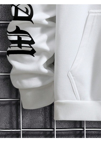 Erkek Beyaz Sweatshirt Sweatshirt Eşofman Takımı Kanguru Cepli Baskılı Numbers Letters indirimleri