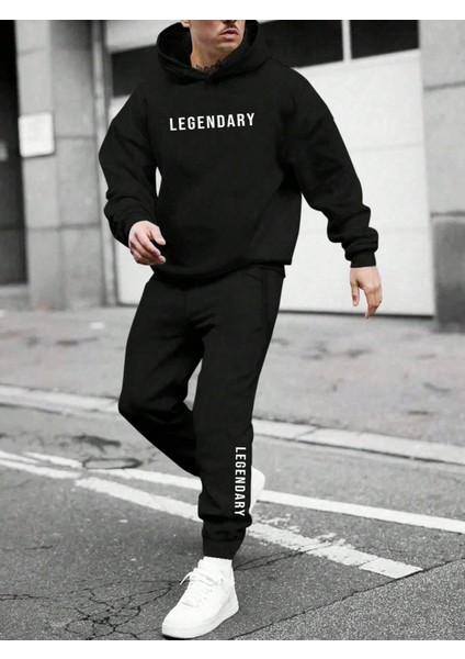 Erkek Siyah Black Örme Kumaş Plus Sweatsuit Eşofman Takımı