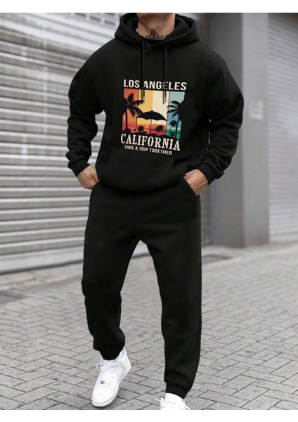 Erkek Siyah Palm Tree Baskılı Eşofman Takımı