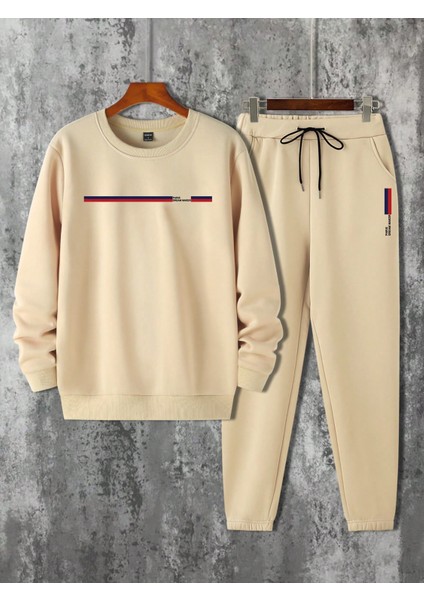 Erkek Bej Baskılı Inner Kalın Sweatshirt Eşofman Takımı Takımı fırsatları