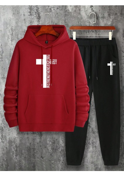 Erkek Kırmızı Cross Sentence Baskılı Kalın Joggers Takımı modelleri
