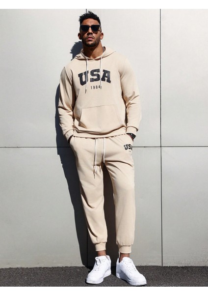Erkek Bej Plus Baskılı Eşofman Takımı Takımı
