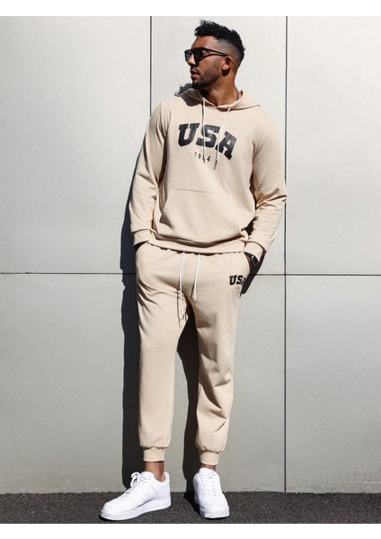 Erkek Bej Plus Baskılı Eşofman Takımı Takımı modelleri