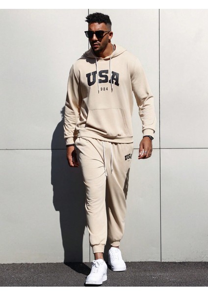 Erkek Bej Plus Baskılı Eşofman Takımı Takımı fırsatları