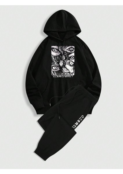 Erkek Siyah Goth Eye Baskılı Sweatshirt Sweatshirt Jogger Eşofman