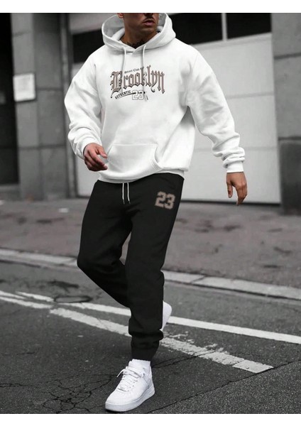 Erkek Beyaz Model Sweatshirt Sweatshirt Kanguru Cepli Jogger Eşofman Eşofman Takımı