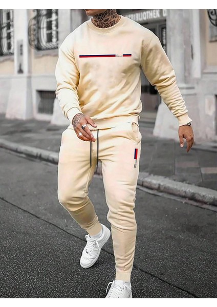 Erkek Bej Plus Baskılı Long Uzun Kollu Sweatshirt Jogger Eşofman