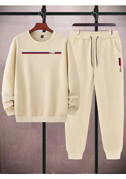 Erkek Bej Plus Baskılı Long Uzun Kollu Sweatshirt Jogger Eşofman modelleri
