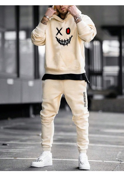 Erkek Bej Plus Cartoon Baskılı Sweatshirt Long Uzun Kollu Sweater Eşofman Khaki Örme Kumaş Takımıs