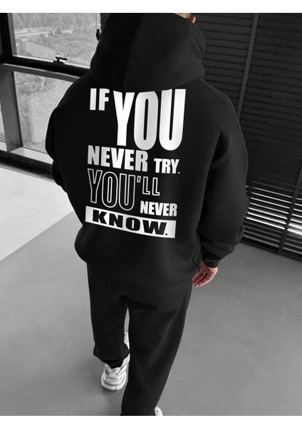 Erkek Siyah Eşofman Takımı Uzun Kollu Baskılı Sweatshirt Eşofman