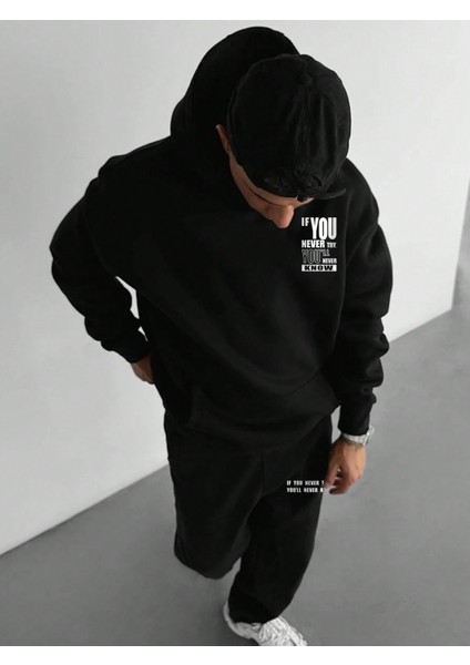 Erkek Siyah Eşofman Takımı Uzun Kollu Baskılı Sweatshirt Eşofman modelleri