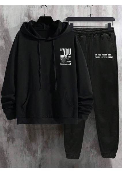 Erkek Siyah Eşofman Takımı Uzun Kollu Baskılı Sweatshirt Eşofman fırsatları