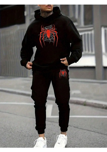 Erkek Siyah Spider Baskılı Eşofman Takımı