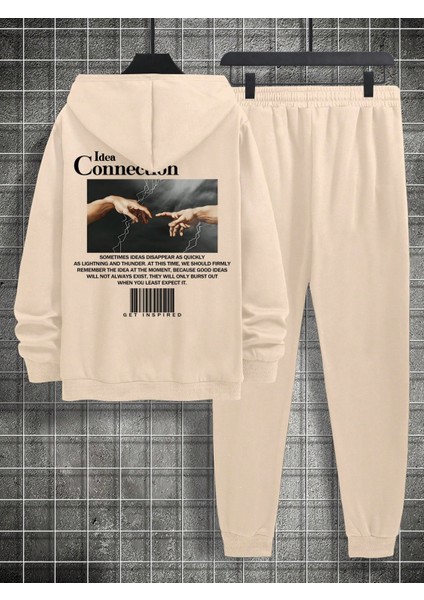 Erkek Bej Plus Sweatshirt Sweatshirt Eşofman Takımı Yazılı Baskılı