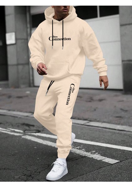 Erkek Bej Plus Sweatshirt Sweatshirt Eşofman Takımı Yazılı Baskılı modelleri