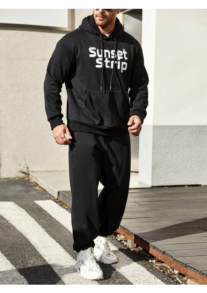 Erkek Siyah Plus Baskılı Sweatshirt Sweatshirt Eşofman Takımı Takımı
