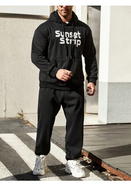 Erkek Siyah Plus Baskılı Sweatshirt Sweatshirt Eşofman Takımı Takımı indirimleri