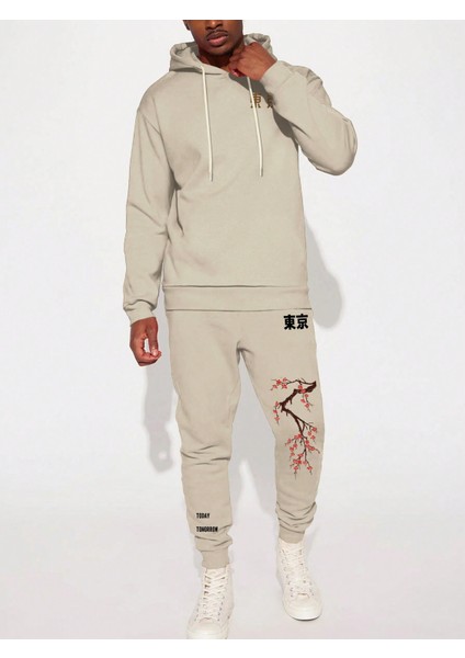Erkek Bej Anime Flower Baskılı Kalın Eşofman Takımı Eşofman Takımı fiyatları