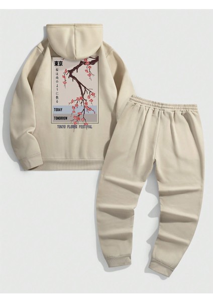 Erkek Bej Anime Flower Baskılı Kalın Eşofman Takımı Eşofman Takımı fırsatları