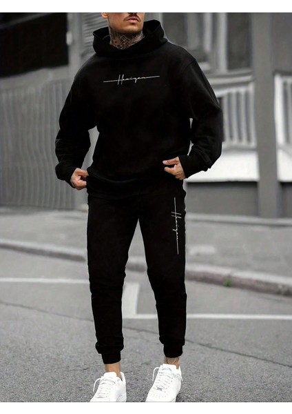 Erkek Siyah Baskılı Eşofman