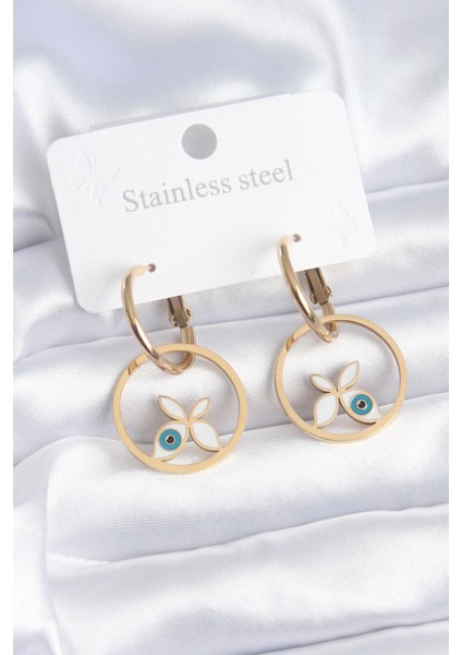 E-Bijuteri Çelik Gold Renk Kelebek Model Nazar Boncuk Detay Kadın Küpe