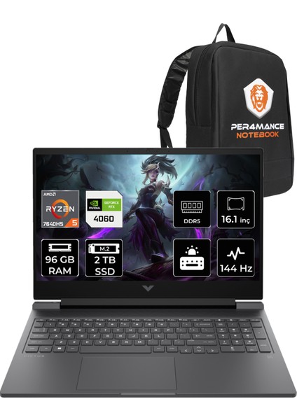 Victus 16 AMD Ryzen 5 7640HS 96GB 2TB SSD RTX4060/8GB 144Hz 16.1" FHD FDOS Taşınabilir Bilgisayar & PER4 Çanta 7Z4M8EAPN346