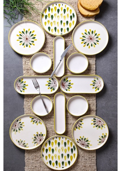 14 Parça 6 Kişilik Handmade Yeşil Nokta Kahvaltı Takımı - Lüx Kahvaltılık Sunum Seti