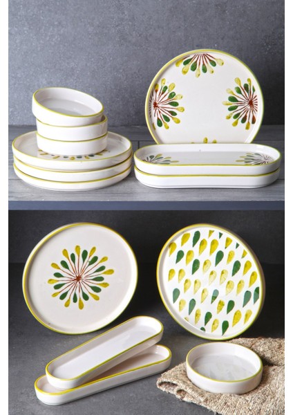 14 Parça 6 Kişilik Handmade Yeşil Nokta Kahvaltı Takımı - Lüx Kahvaltılık Sunum Seti