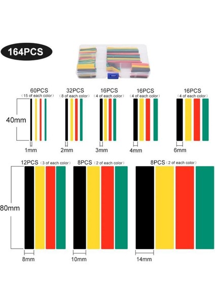 164 Parça Isınınca Daralan Kablo Ek Bağlantı Makaronu, Farklı Kalınlıktaki Kablolar Için Daralan Renkli Makaron