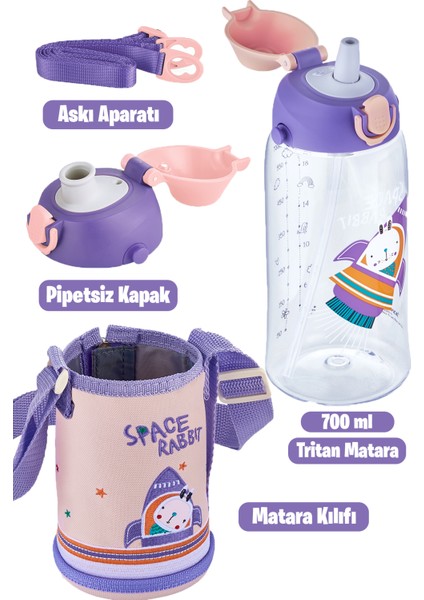 Kılıflı 2 Ayrı Kapaklı Pipetli Pipetsiz Tritan Su Matarası 700 ml