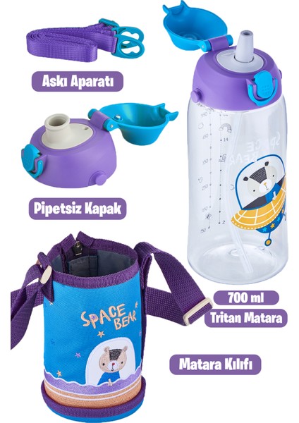 Büyük Boy - Kılıflı 2 Ayrı Kapaklı Pipetli/pipetsiz Tritan Su Matarası 700 ml