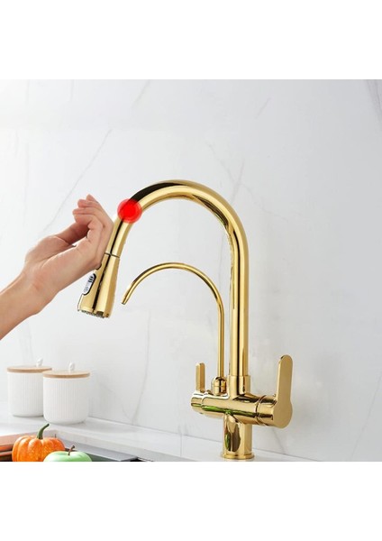 Mutfak Evye Bataryası Smart Dual Flow Su Arıtma Çıkışlı Gold Dokunmatik Spiralli 7 Yıl Güvence
