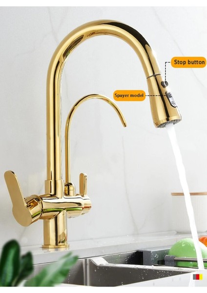 Mutfak Evye Bataryası Smart Dual Flow Su Arıtma Çıkışlı Gold Dokunmatik Spiralli 7 Yıl Güvence