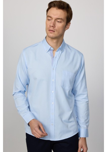 Klasik Fit Düğmeli Yaka Pamuklu Kolay Ütü Oxford Düz Mavi Erkek Gömlek