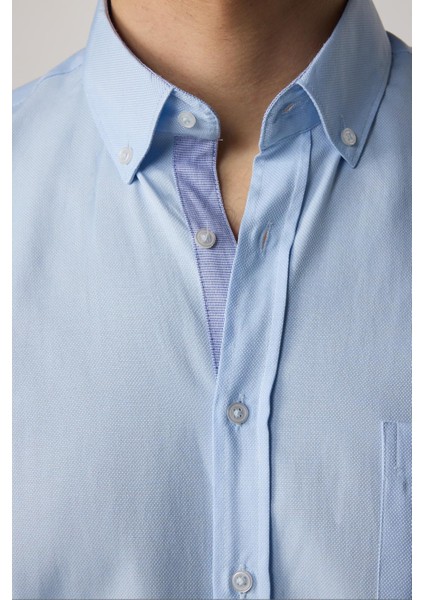 Klasik Fit Düğmeli Yaka Pamuklu Kolay Ütü Oxford Düz Mavi Erkek Gömlek fırsatları