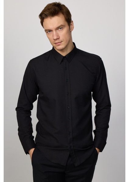 Modern Slim Fit Pamuklu Kolay Ütü Armürlü Siyah Erkek Gömlek