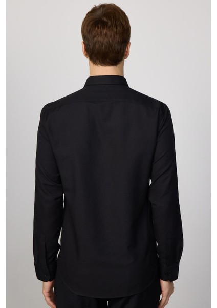 Modern Slim Fit Pamuklu Kolay Ütü Armürlü Siyah Erkek Gömlek indirimleri