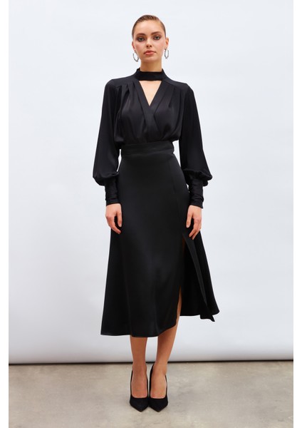 Yırtmaçlı Saten Etek - Siyah fiyatları