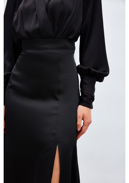 Yırtmaçlı Saten Etek - Siyah indirimleri