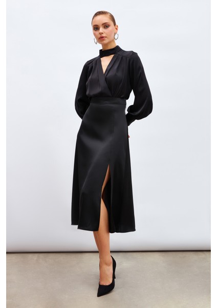 Yırtmaçlı Saten Etek - Siyah