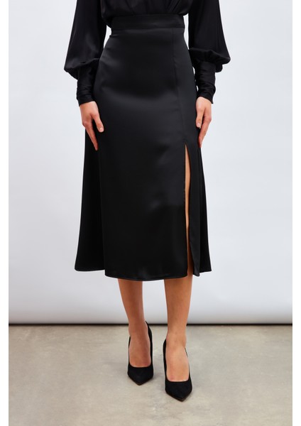Yırtmaçlı Saten Etek - Siyah fırsatları
