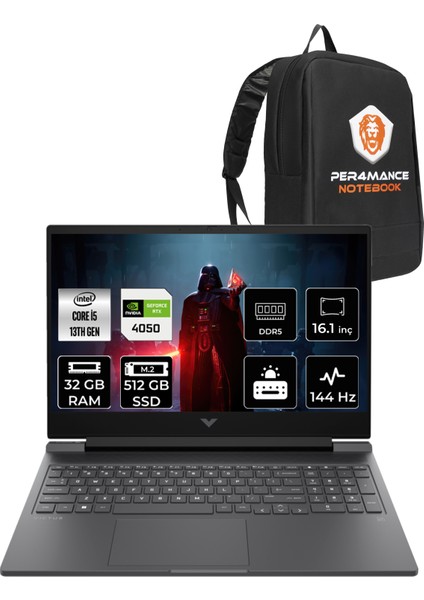 Victus 16 Intel Core i5 13500H 32GB 512GB SSD RTX4050/6GB 144Hz 16.1" FHD FDOS Taşınabilir Bilgisayar & PER4 Çanta 7P6L8EAPN320