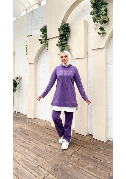 Yazı Baskılı Garni Detaylı Kapşonlu Kısa Sweat Pantolon İkili Tesettür Eşofman Takımı - 03080 - Koyu Lila modelleri