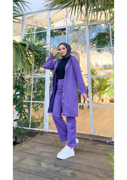 Çıtçıtlı Kapşonlu Uzun Tunik Pantolon İkili Tesettür Eşofman Takımı - 03078 - Koyu Lila