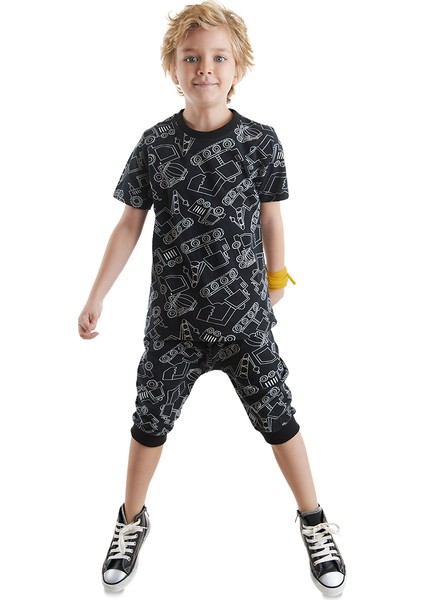 Araba Erkek Çocuk Siyah T-Shirt Kapri Şort Takım