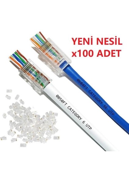 RJ45 Cat6 Yeni Nesil Delikli Jack Konnektör - Yeni Nesil Ez Delikli RJ45 Network Jack 100 Adet