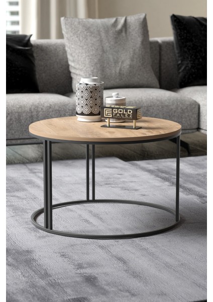 Orta Sehpa – Ceviz-Siyah Suntalam Üst, Metal Ayak, 70 cm Çap, 50 cm Yükseklik, Minimalist Salon Dekoru