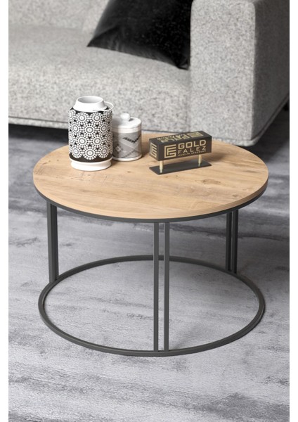 Orta Sehpa – Ceviz-Siyah Suntalam Üst, Metal Ayak, 70 cm Çap, 50 cm Yükseklik, Minimalist Salon Dekoru fiyatları