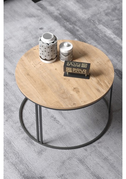 Orta Sehpa – Ceviz-Siyah Suntalam Üst, Metal Ayak, 70 cm Çap, 50 cm Yükseklik, Minimalist Salon Dekoru fırsatları